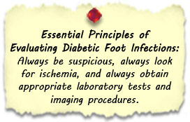 Essential Principles of Evaluating Diabetic Foot Infections:  Always be suspicious, always look for ischemia, and always obtain appropriate laboratory tests and imaging procedures.
